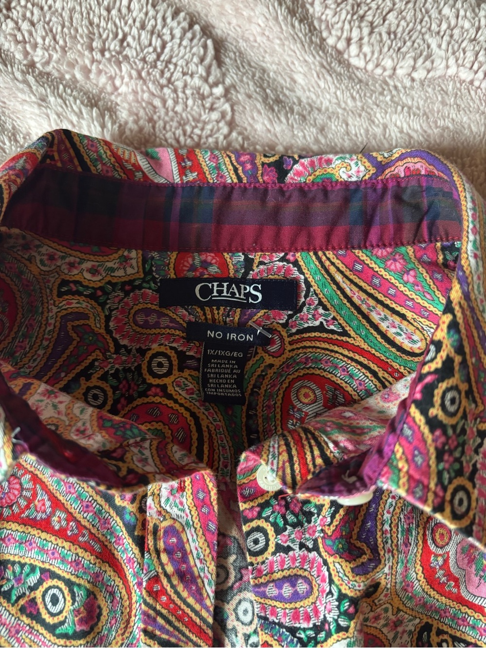 100% Cotton Chaps Pink Multicolor Paisley Button-Down Shirt- 1X - Picture 4 of 8